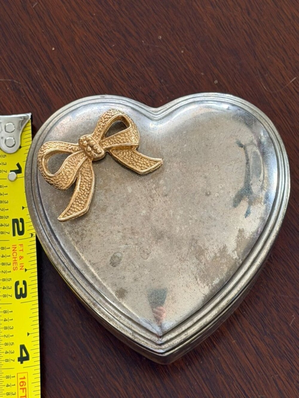 Heart-Shaped Silver-Tone Jewelry Box With Gold Bow Accent 4"x4"x2" Velvet Interi